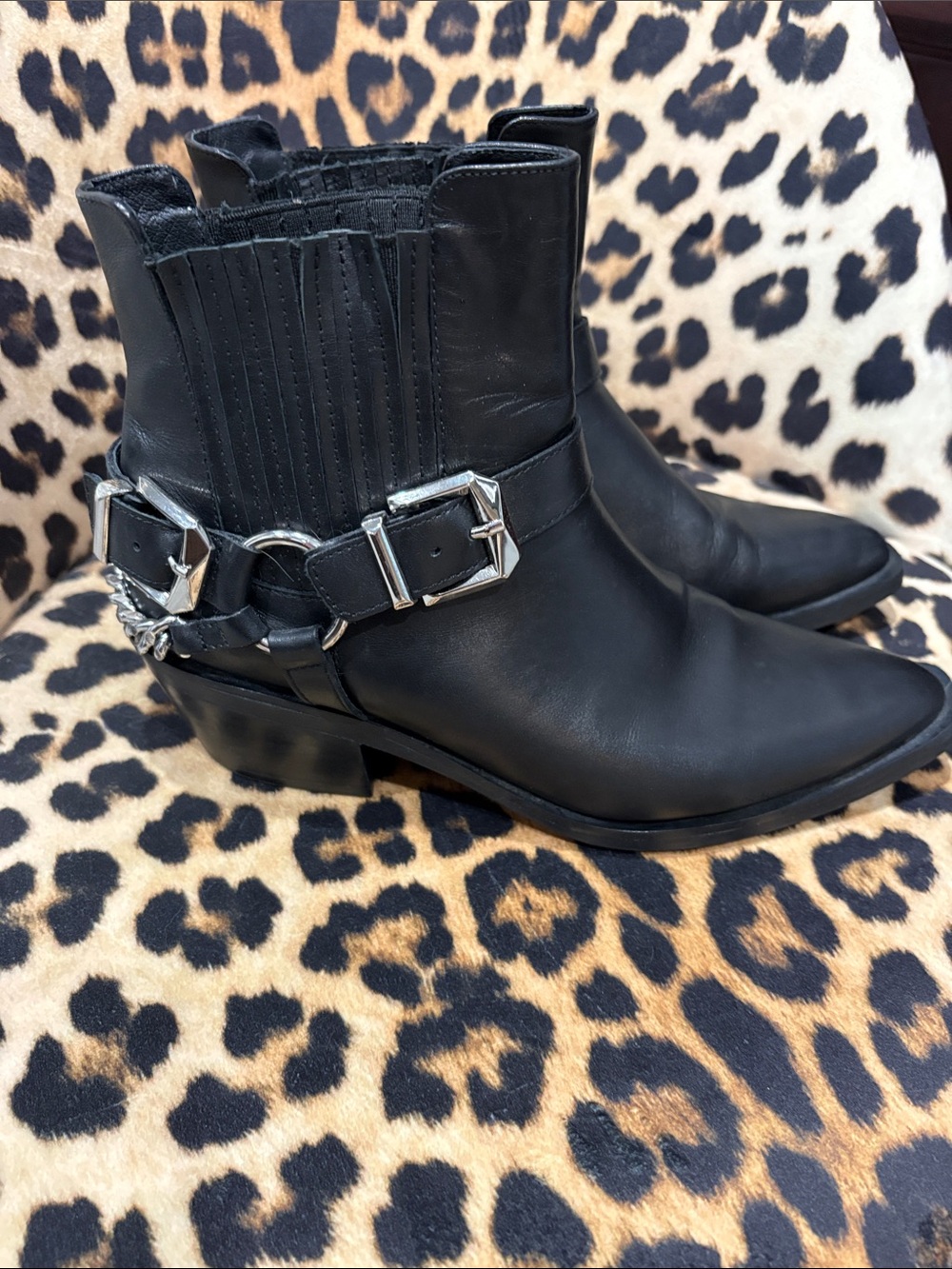 Black Leather Ankle Boots with Silver Buckles and chains!!